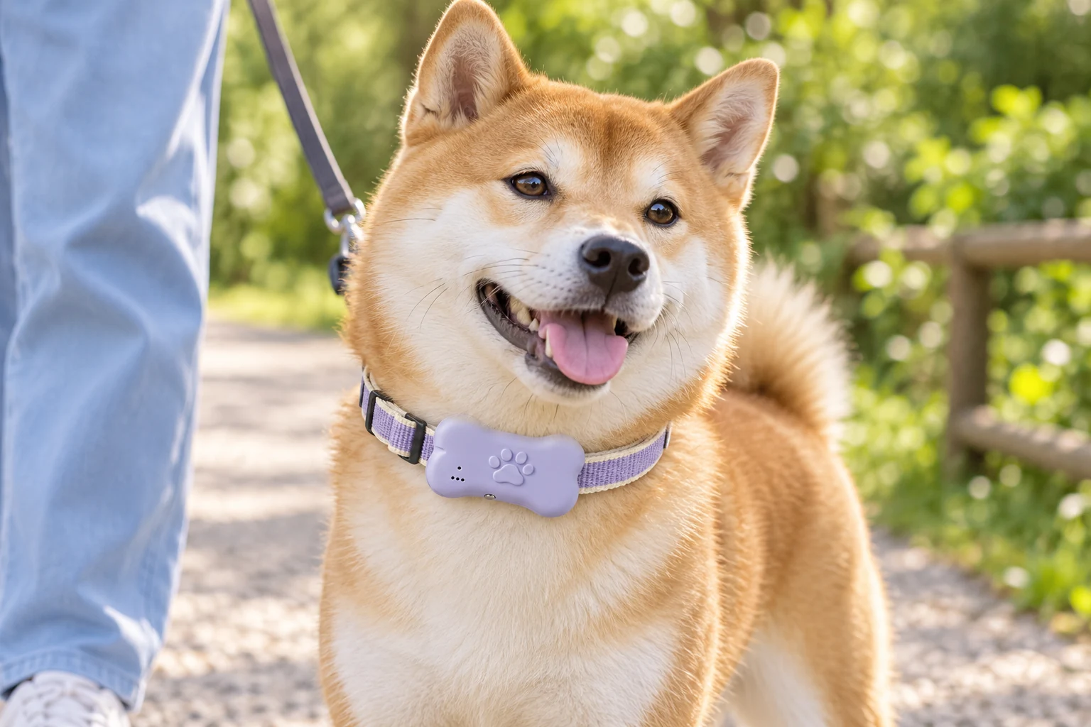 柴犬戴着浅紫色智能项圈，和主人在绿意公园里散步
